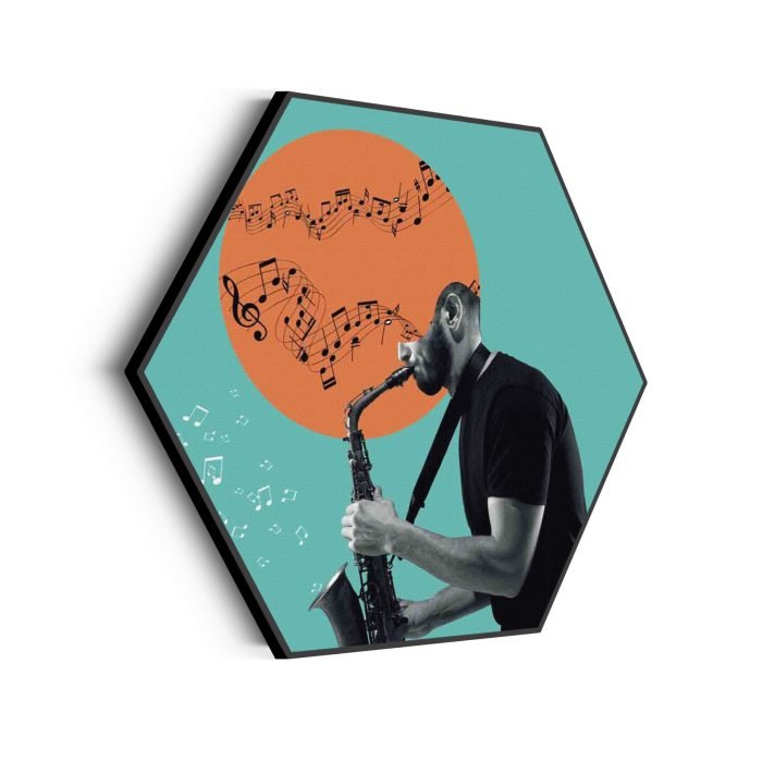 akoestisch-schilderij-saxofonist-hexagon_Wecho